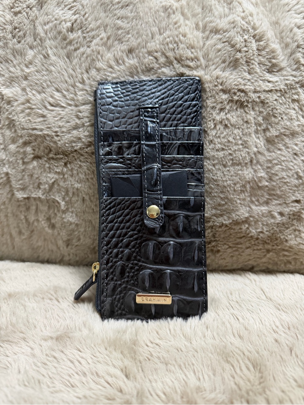 Brahmin Black Croc-Embossed Card Case with Clear ID Window